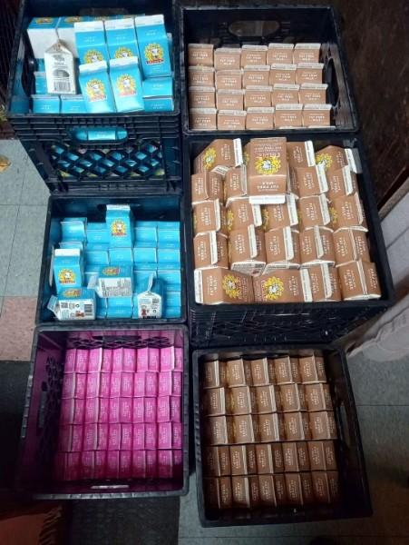 Crates of donated shelf-stable milk.
